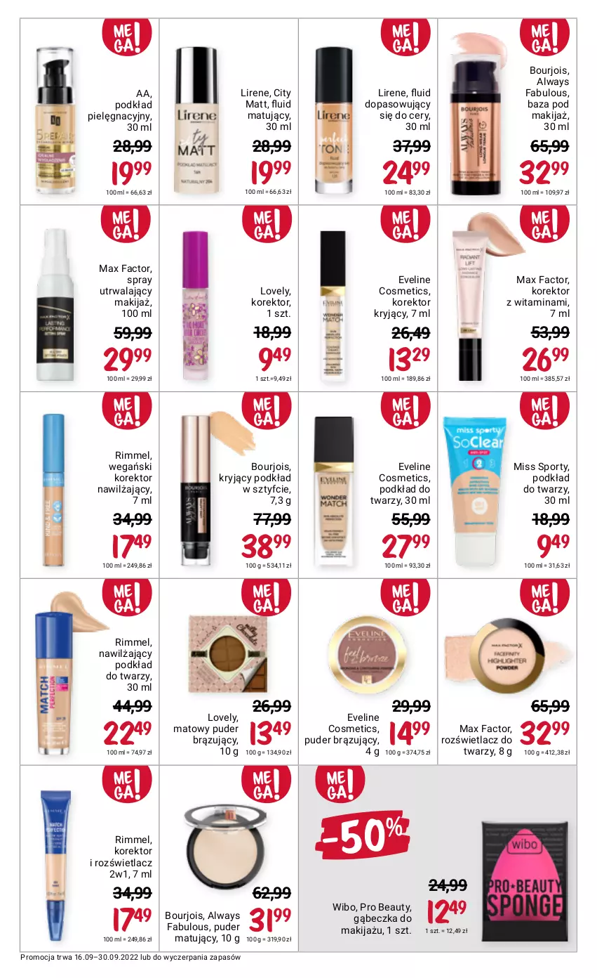 Gazetka promocyjna Rossmann - 16 września - ważna 16.09 do 30.09.2022 - strona 12 - produkty: Always, Bourjois, Eveline, Fa, Lirene, Lovely, Makijaż, Max Factor, Miss Sporty, Podkład, Podkład do twarzy, Por, Puder, Rozświetlacz, Sport, Wibo