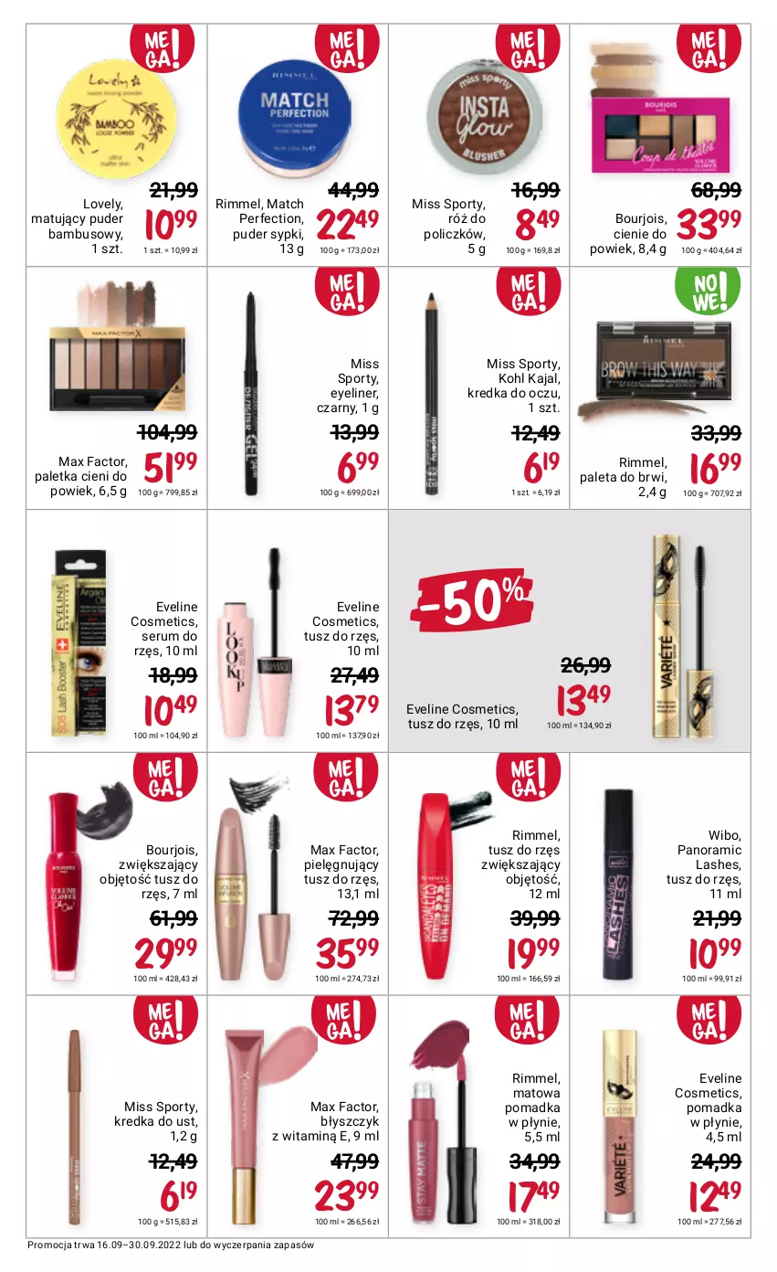 Gazetka promocyjna Rossmann - 16 września - ważna 16.09 do 30.09.2022 - strona 13 - produkty: Bourjois, Eveline, Fa, Kredka, Lovely, Max Factor, Miss Sporty, Paleta, Paletka cieni, Por, Puder, Róż do policzków, Rum, Ser, Serum, Sport, Tusz, Wibo