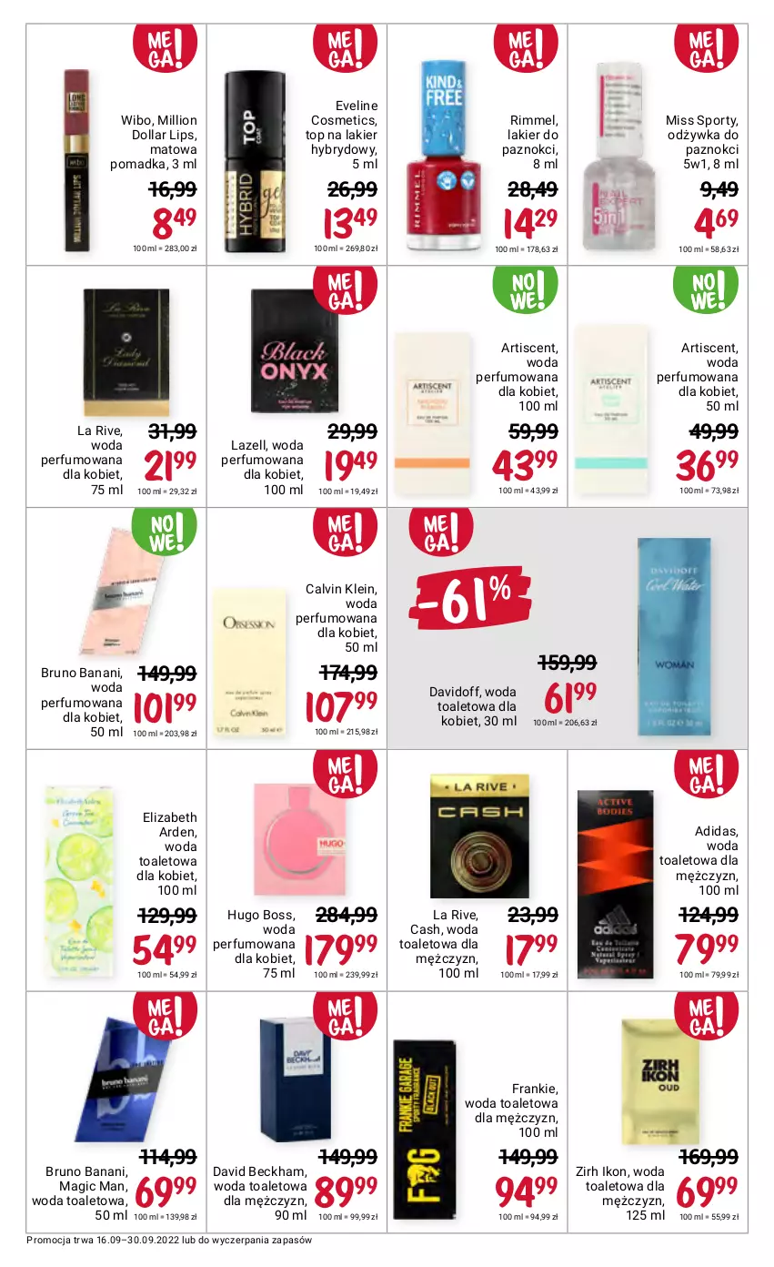 Gazetka promocyjna Rossmann - 16 września - ważna 16.09 do 30.09.2022 - strona 14 - produkty: Adidas, Bruno Banani, Calvin Klein, David Beckham, Davidoff, Elizabeth Arden, Eveline, Hugo Boss, La Rive, Lakier, Lakier do paznokci, Lakier hybrydowy, Lazell, Lion, Miss Sporty, Odżywka, Perfum, Por, Sport, Top, Wibo, Woda, Woda perfumowana, Woda toaletowa