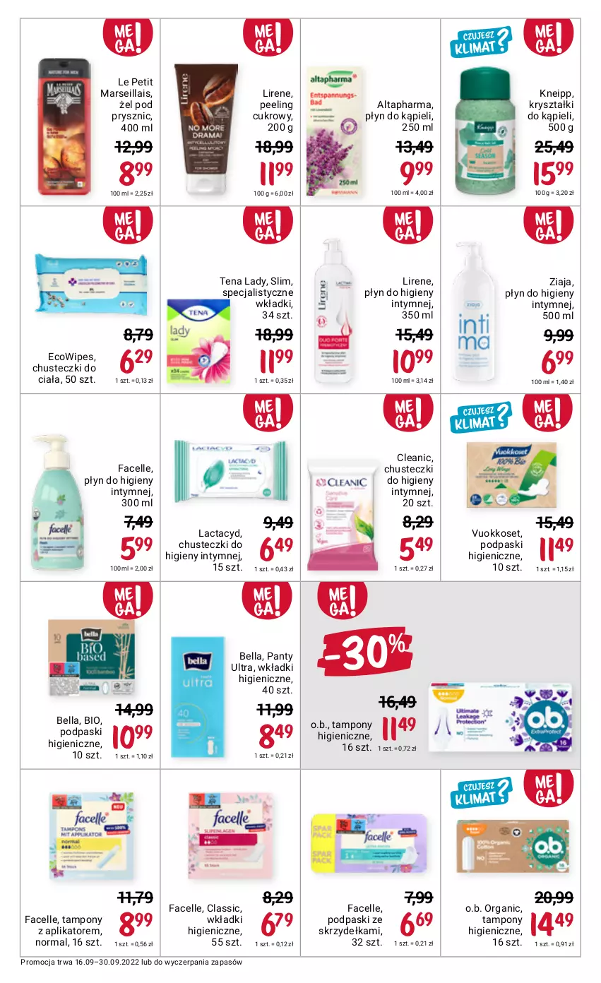 Gazetka promocyjna Rossmann - 16 września - ważna 16.09 do 30.09.2022 - strona 6 - produkty: Bell, Bella, Chusteczki, Chusteczki do higieny, Cleanic, Fa, Facelle, Kneipp, Lactacyd, Lirene, Mars, O.B., Peeling, Płyn do higieny intymnej, Płyn do kąpieli, Podpaski, Podpaski ze skrzydełkami, Tampony, Wkładki, Ziaja