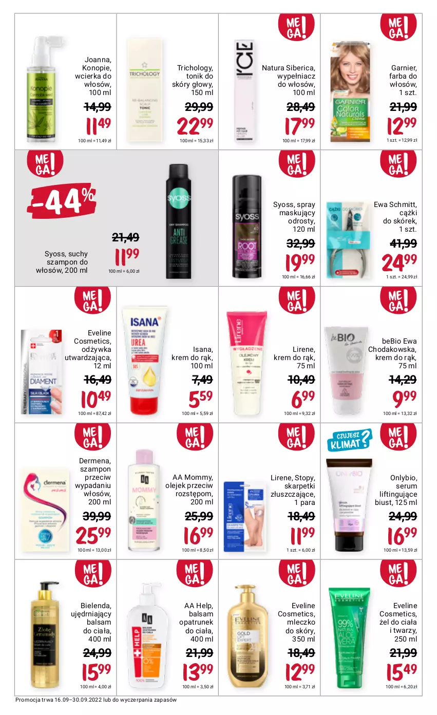 Gazetka promocyjna Rossmann - 16 września - ważna 16.09 do 30.09.2022 - strona 9 - produkty: Balsam do ciała, Bielenda, Cążki, Cążki do skórek, Dermena, Eveline, Ewa Schmitt, Fa, Farba do włosów, Garnier, Isana, Joanna, Karp, Krem do rąk, Lirene, Mleczko, Natura Siberica, Odżywka, Olej, Olejek przeciw rozstępom, Rum, Ser, Serum, Skarpetki, Suchy szampon, Syoss, Szampon, Tonik, Top