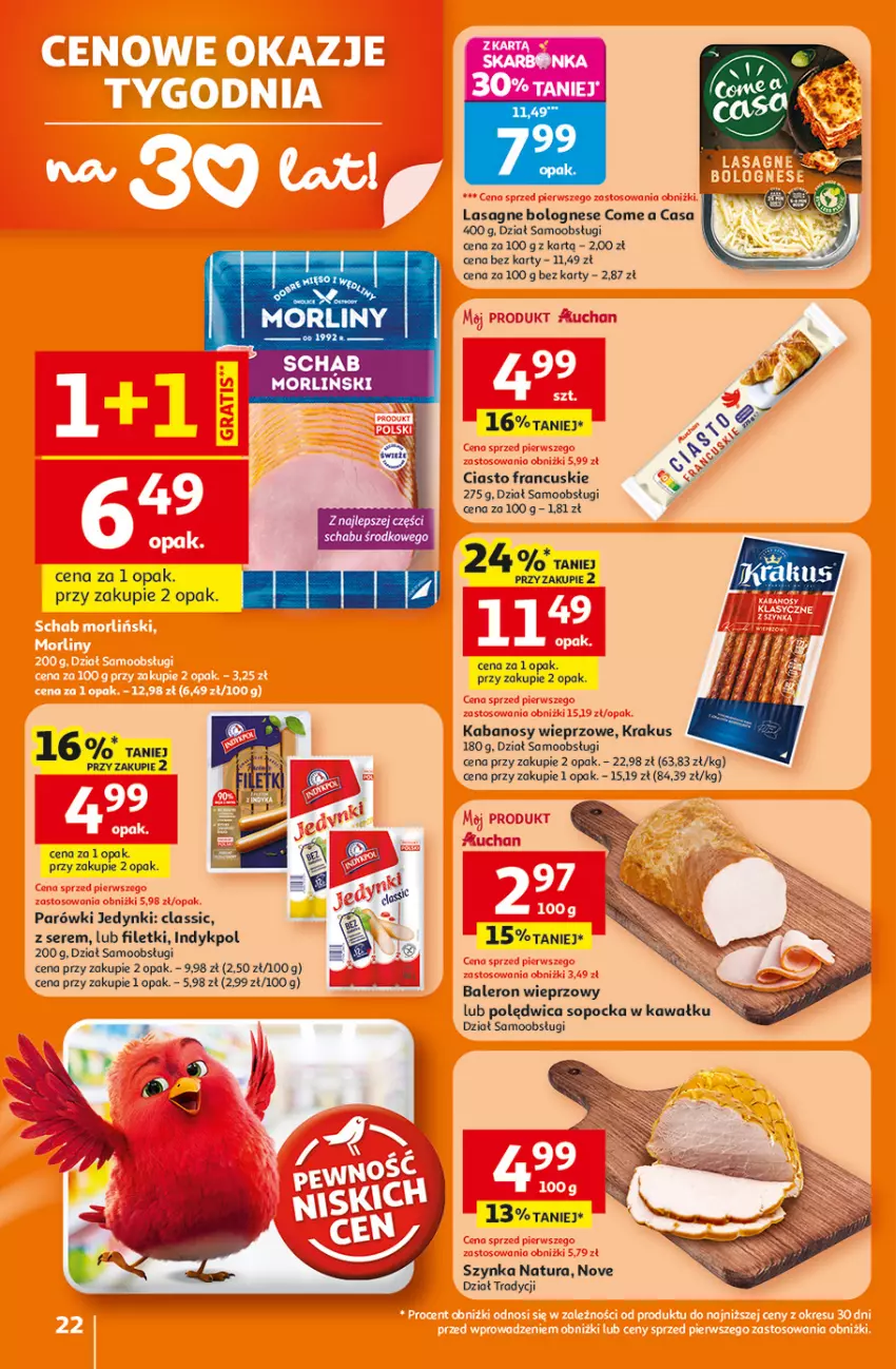 Gazetka promocyjna Auchan - Gazetka 30 Lat Hipermarket Auchan - ważna 05.02 do 11.02.2026 - strona 22 - produkty: Ciasto francuskie, Kabanos, Kawa, Krakus, Lasagne, Lasagne bolognese, Morliny, Parówki, Polędwica, Ser, Szynka