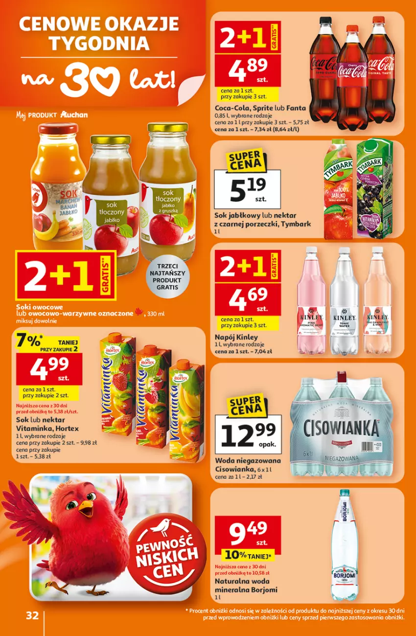 Gazetka promocyjna Auchan - Gazetka 30 Lat Hipermarket Auchan - ważna 05.02 do 11.02.2026 - strona 32 - produkty: Cisowianka, Coca-Cola, Fa, Fanta, Hortex, Inka, Napój, Nektar, Por, Sok, Sok jabłkowy, Sprite, Tymbark, Woda, Woda mineralna, Woda niegazowana