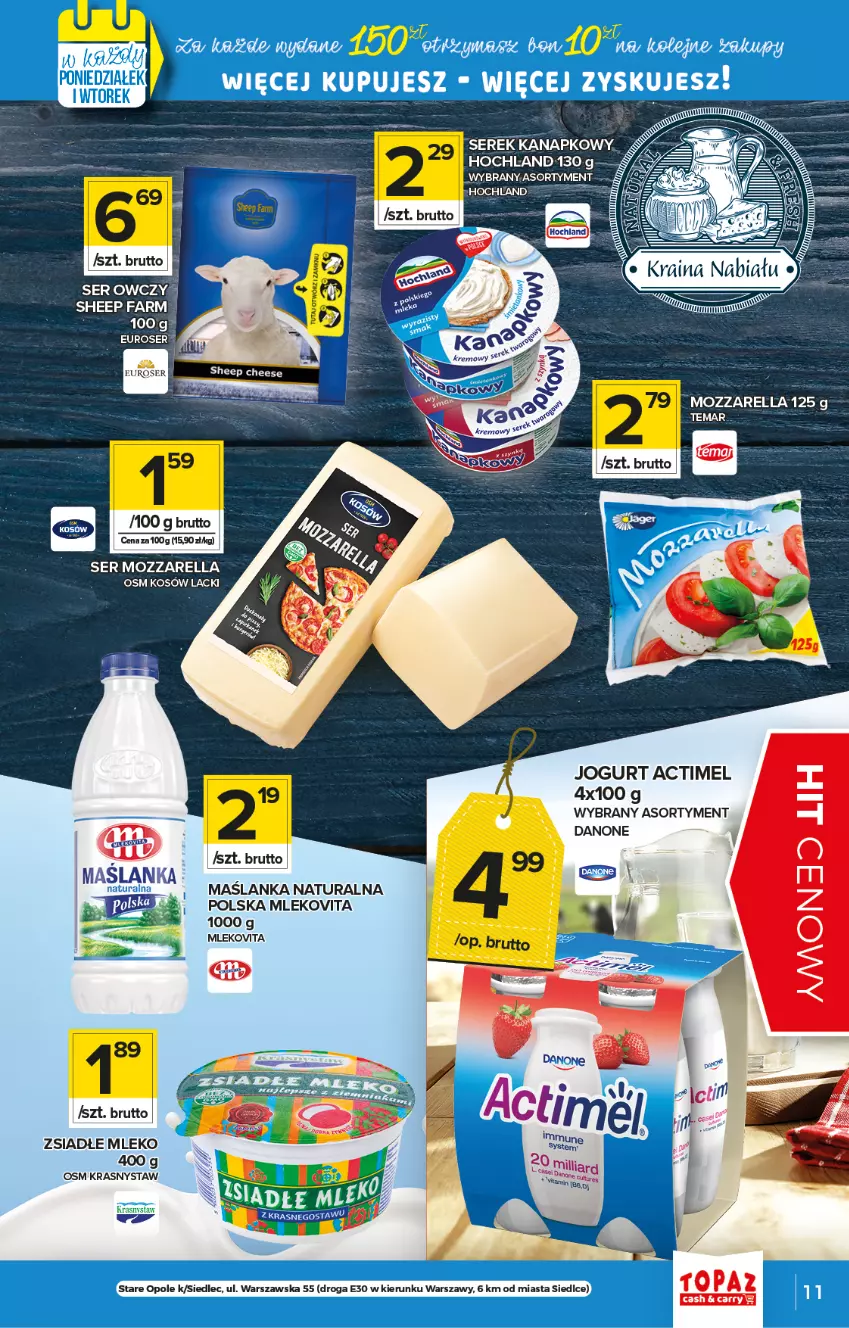 Gazetka promocyjna Topaz - Gazetka - ważna 29.04 do 05.05.2021 - strona 11 - produkty: Actimel, Danone, Fa, Hochland, Jogurt, Mleko, Mlekovita, Mozzarella, Ser, Serek, Serek kanapkowy