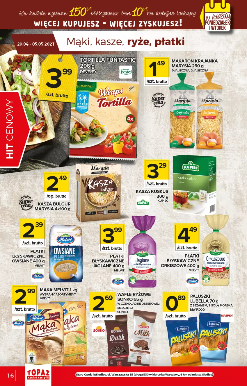 Gazetka promocyjna Topaz - Gazetka - ważna 29.04 do 05.05.2021 - strona 16 - produkty: Bulgur, Deser, Kasza, Kupiec, Kuskus, LG, Mąka, Makaron, Melvit, Piec, Ryż, Ser, Sonko, Wafle