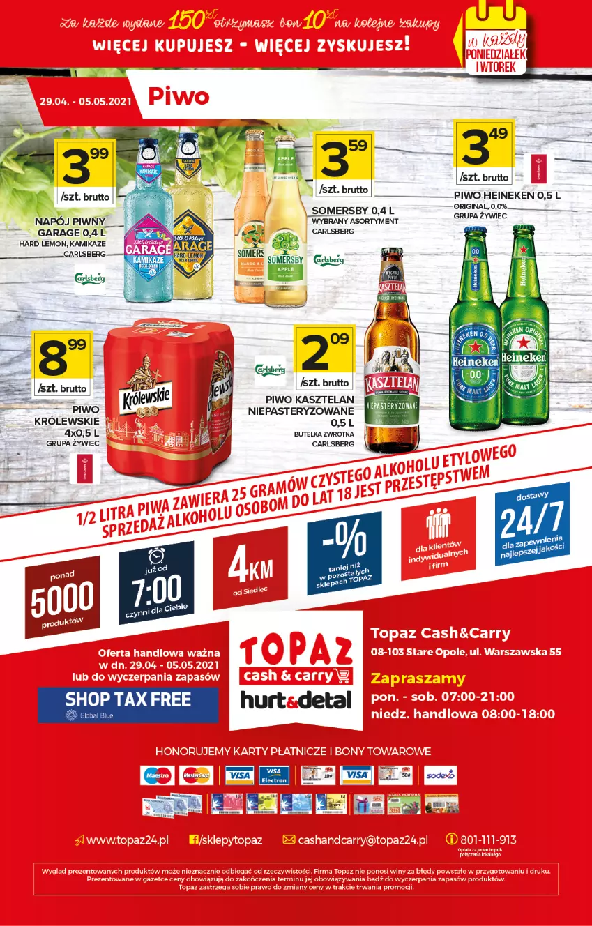 Gazetka promocyjna Topaz - Gazetka - ważna 29.04 do 05.05.2021 - strona 20 - produkty: Carlsberg, Kasztelan, Królewski, Napój, Piwo, Somersby