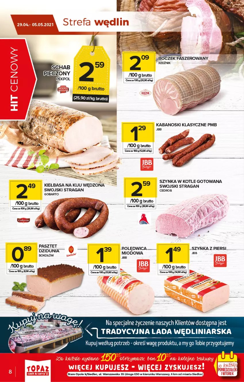 Gazetka promocyjna Topaz - Gazetka - ważna 29.04 do 05.05.2021 - strona 8 - produkty: Boczek, Brit, Fa, Kiełbasa, Pasztet, Polędwica, Sos, Szynka