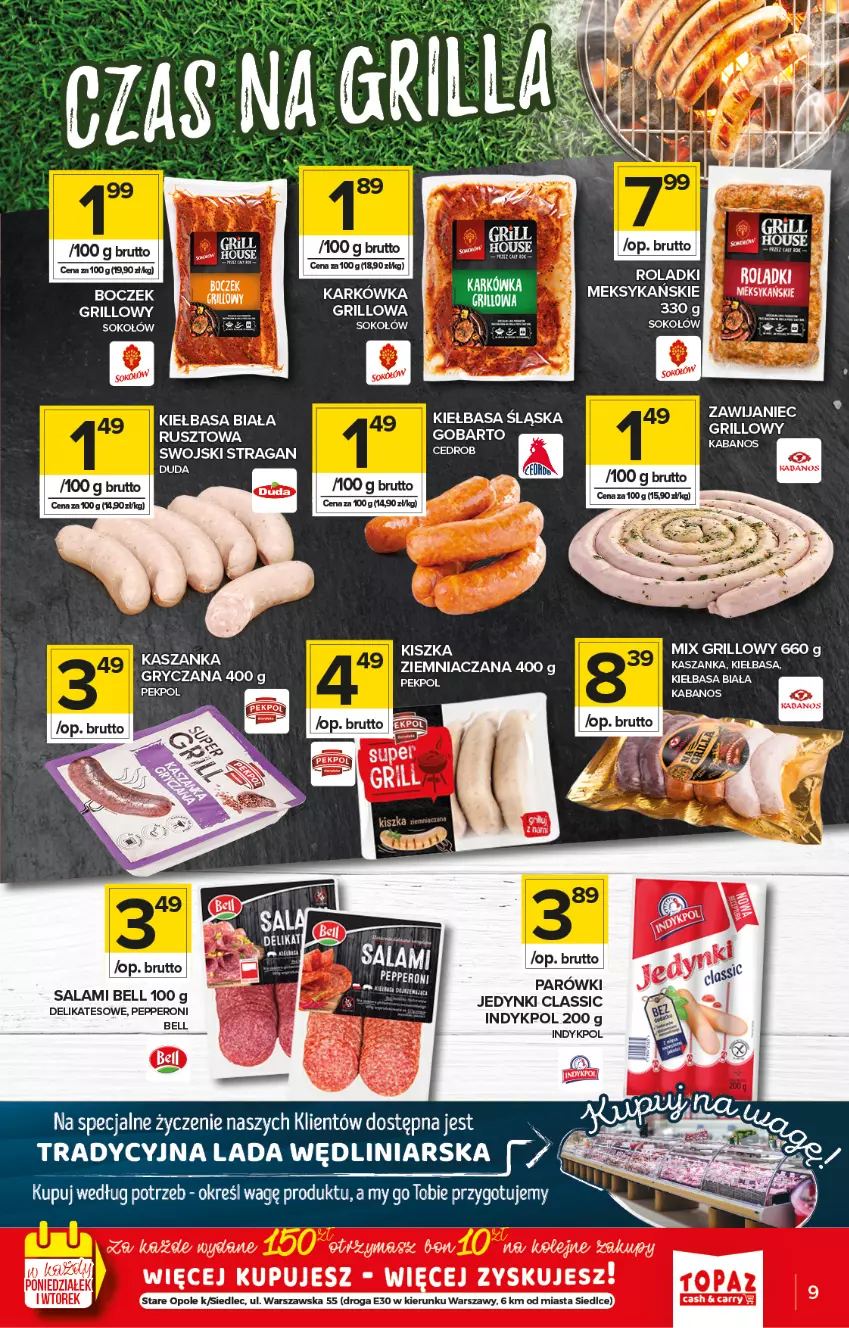 Gazetka promocyjna Topaz - Gazetka - ważna 29.04 do 05.05.2021 - strona 9 - produkty: Bell, Boczek, Duda, Grill, Gry, Kabanos, Kasza, Kaszanka, Kiełbasa, Kiełbasa biała, Kiełbasa śląska, Parówki, Pekpol, Salami, Sok, Sokołów