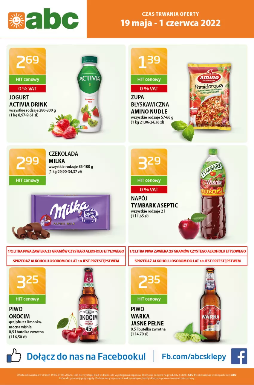 Gazetka promocyjna ABC - Gazetka - ważna 20.05 do 02.06.2022 - strona 1 - produkty: Activia, Czekolada, Fa, Grejpfrut, Jogurt, Koc, Milka, Napój, O nas, Okocim, Piwo, Tymbark, Warka, Zupa