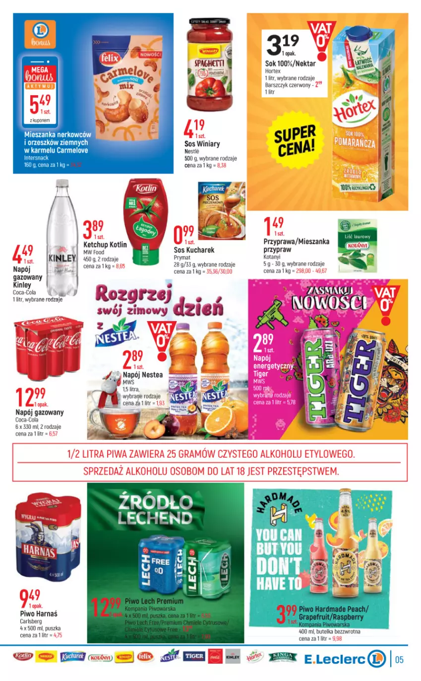 Gazetka promocyjna E Leclerc - ważna 08.02 do 19.02.2022 - strona 5 - produkty: Carlsberg, Coca-Cola, Harnaś, Hortex, Ketchup, Kucharek, Napój, Napój gazowany, Nektar, Nestea, Piwo, Prymat, Sok, Sos, Spaghetti, Winiary