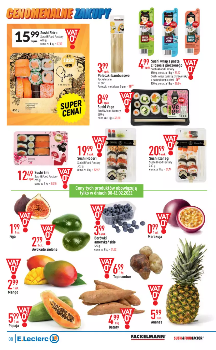 Gazetka promocyjna E Leclerc - ważna 08.02 do 19.02.2022 - strona 8 - produkty: Ananas, Fa, Mango, Papaja, Piec, Sos, Surimi, Sushi, Top