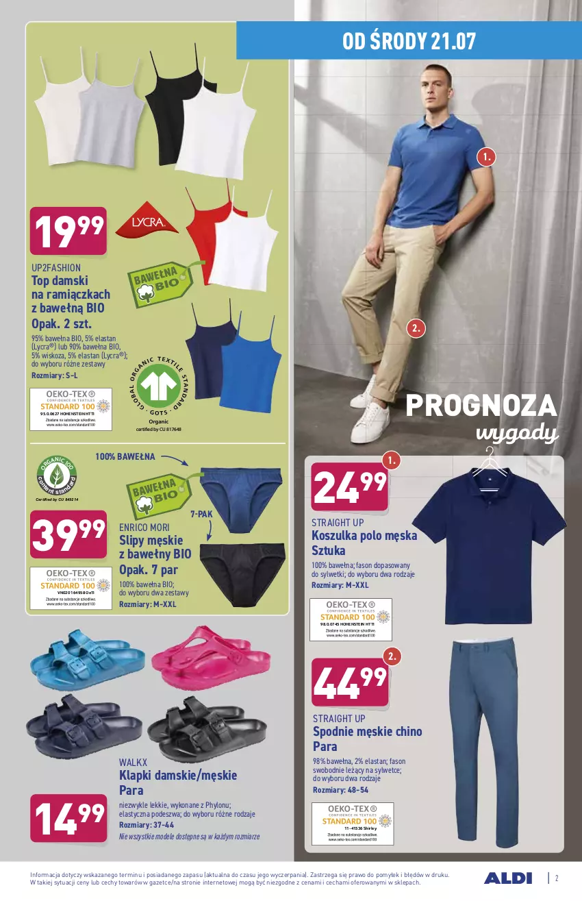 Gazetka promocyjna Aldi - ważna 21.07 do 28.07.2021 - strona 2 - produkty: Fa, Klapki, Kosz, Koszulka, Slipy, Spodnie, Top, Wełna