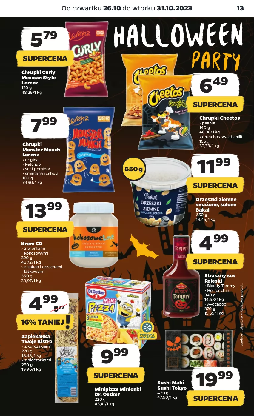 Gazetka promocyjna Netto - Artykuły spożywcze - ważna 26.10 do 01.11.2023 - strona 13 - produkty: Cebula, Cheetos, Chrupki, Dr. Oetker, Gin, Kakao, Ketchup, Kokos, Kurczak, Lorenz, Monster Munch, Orzeszki, Orzeszki ziemne, Piec, Pieczarka, Pizza, Ser, Sos, Sushi, Zapiekanka