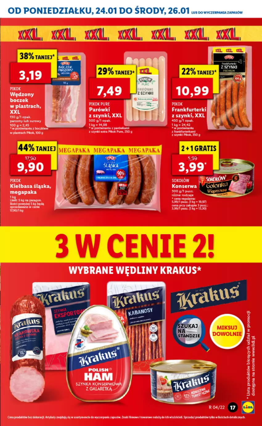 Gazetka promocyjna Lidl - GAZETKA - ważna 24.01 do 26.01.2022 - strona 17 - produkty: Frankfurterki, Gala, Kiełbasa, Kiełbasa śląska, Krakus, PIKOK, Por, Pur, Ser, Sok, Sokołów, Szynka, Szynka konserwowa