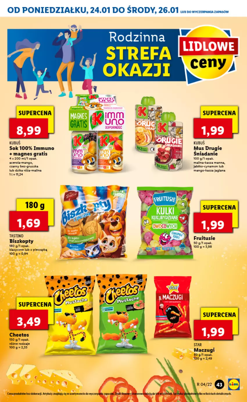 Gazetka promocyjna Lidl - GAZETKA - ważna 24.01 do 26.01.2022 - strona 47 - produkty: Biszkopty, Cheetos, Fa, Gra, Kasza, Kasza jaglana, Kubuś, LANA, Mango, Mus, Piec, Sok