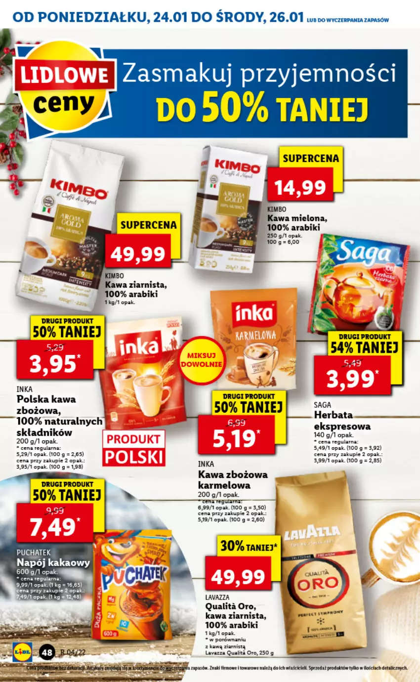 Gazetka promocyjna Lidl - GAZETKA - ważna 24.01 do 26.01.2022 - strona 52 - produkty: Herbata, Inka, Kakao, Kawa, Kawa mielona, Kawa zbożowa, Kawa ziarnista, Lavazza, Mus, Napój, Por, Saga, Taca