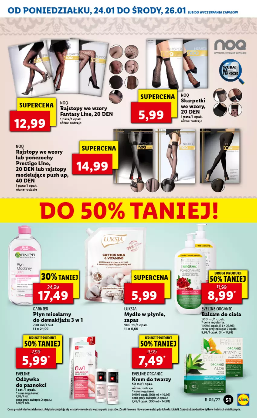 Gazetka promocyjna Lidl - GAZETKA - ważna 24.01 do 26.01.2022 - strona 55 - produkty: Balsam do ciała, Eveline, Fa, Fanta, Garnier, Karp, Krem do twarzy, Luksja, Makijaż, Mydło, Mydło w płynie, Odżywka, Płyn micelarny, Pończochy, Rajstopy, Skarpetki, Top