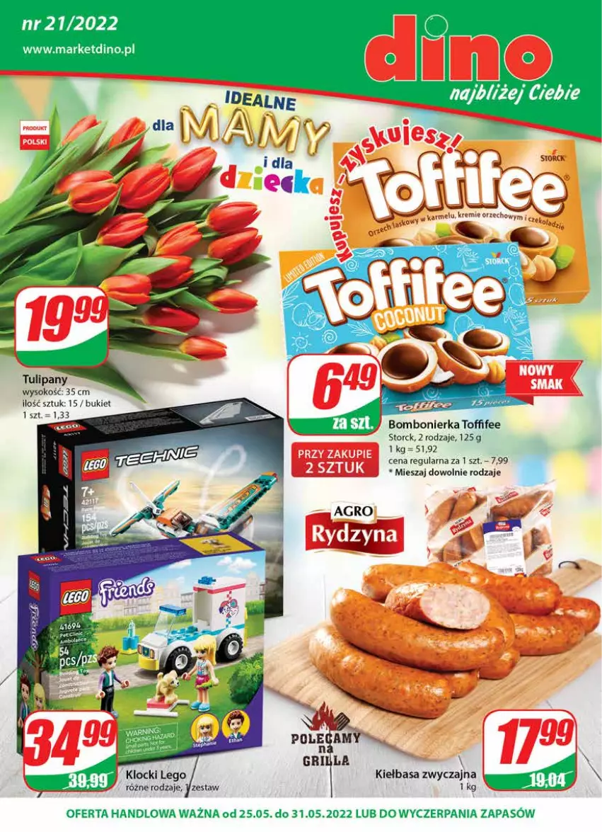 Gazetka promocyjna Dino - Gazetka - ważna 25.05 do 31.05.2022 - strona 1 - produkty: Bukiet, JBL, Kiełbasa, Klocki, LEGO, Sok, Toffifee, Tulipan