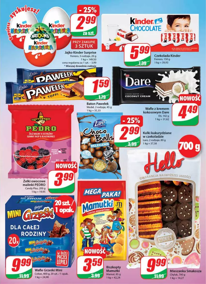 Gazetka promocyjna Dino - Gazetka - ważna 25.05 do 31.05.2022 - strona 3 - produkty: Baton, Biszkopty, Candy, Czekolada, Ferrero, Grześki, Kinder, Kinder Surprise, Kokos, Kosz, Mieszanka smakosza, Wafle