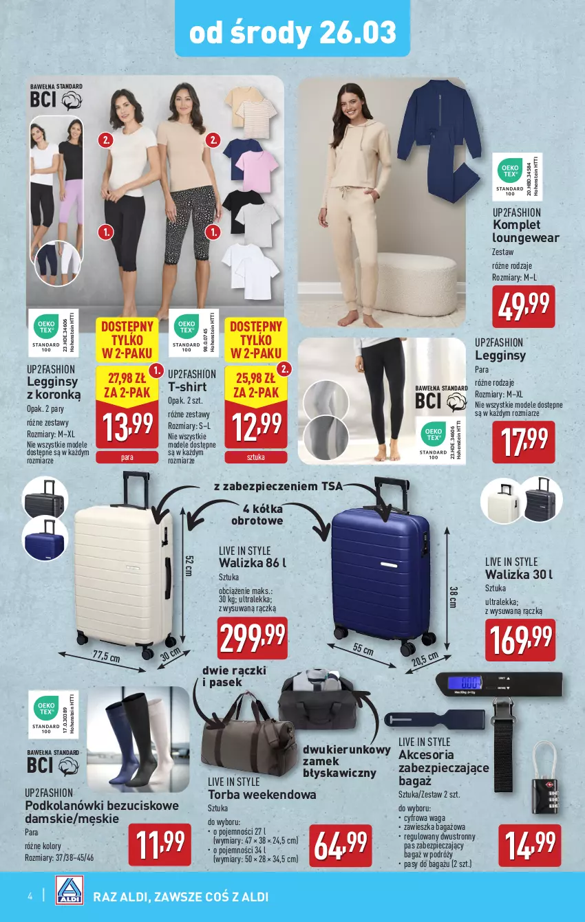 Gazetka promocyjna Aldi - Artykuły przemysłowe i tekstylia - ważna 26.03 do 29.03.2025 - strona 4 - produkty: Fa, Gin, Legginsy, O Bag, Pasek, Piec, T-shirt, Torba, Waga, Walizka