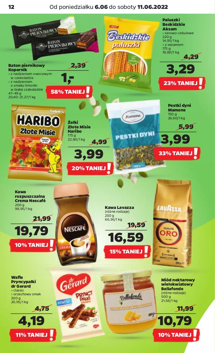 Gazetka promocyjna Netto - Gazetka spożywcza - ważna 06.06 do 11.06.2022 - strona 12 - produkty: Aksam, Baton, Bell, Bella, Beskidzki, Dr Gerard, Haribo, Kawa, Kawa rozpuszczalna, Lavazza, Miód, Nektar, Nescafé, Pestki dyni, Piernik, Ser, Sezam, Wafle