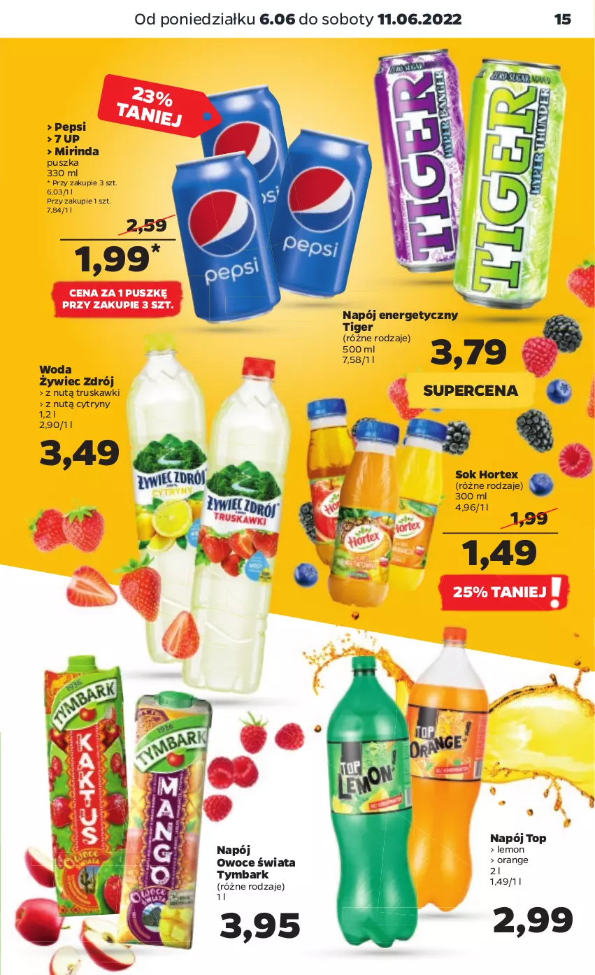 Gazetka promocyjna Netto - Gazetka spożywcza - ważna 06.06 do 11.06.2022 - strona 15 - produkty: Cytryny, Hortex, Mirinda, Napój, Napój energetyczny, Owoce, Pepsi, Sok, Tiger, Top, Truskawki, Tymbark, Woda