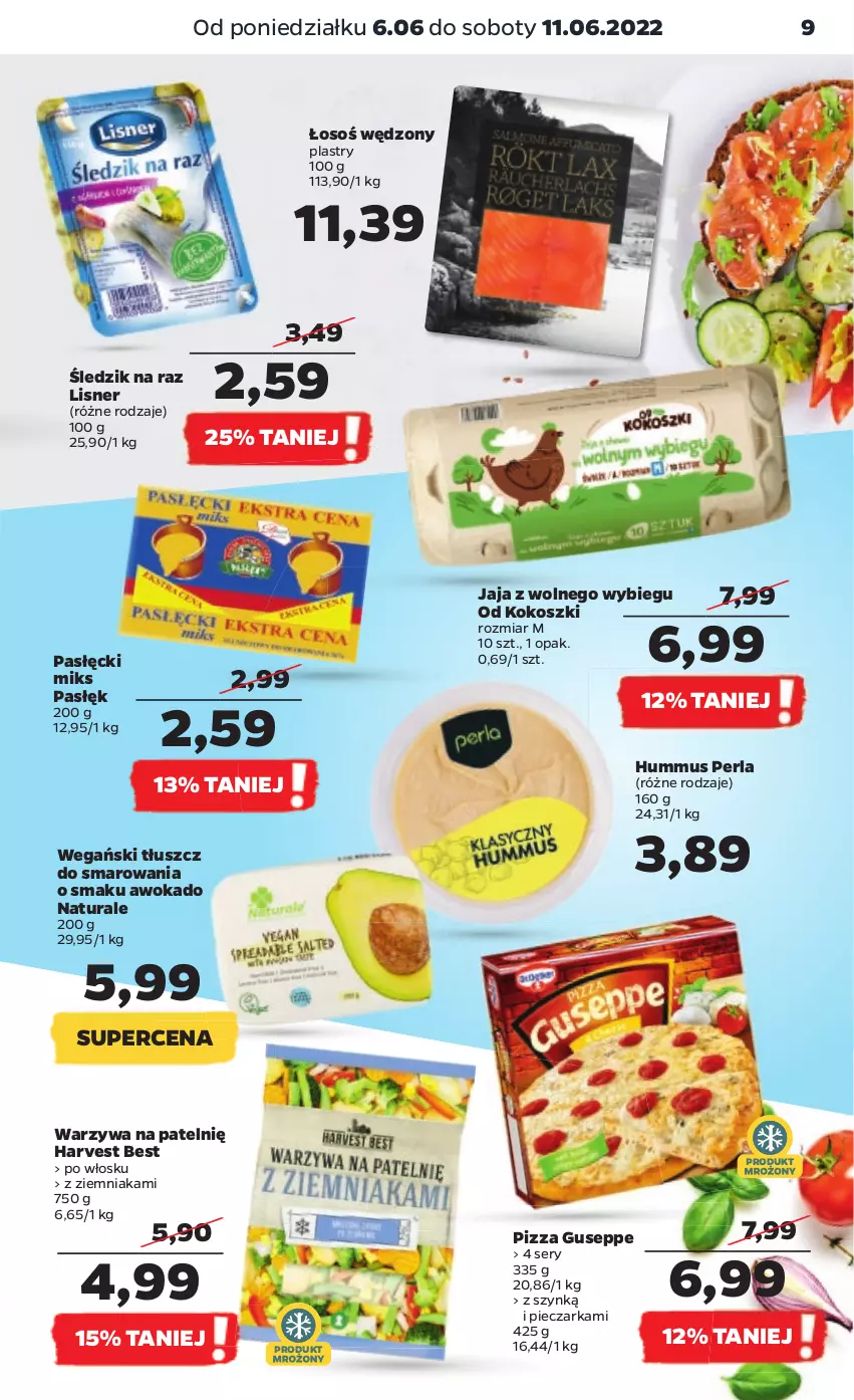 Gazetka promocyjna Netto - Gazetka spożywcza - ważna 06.06 do 11.06.2022 - strona 9 - produkty: Hummus, Jaja, Jaja z wolnego wybiegu, Kokos, Kosz, Lisner, Mus, Piec, Pieczarka, Pizza, Ser, Warzywa