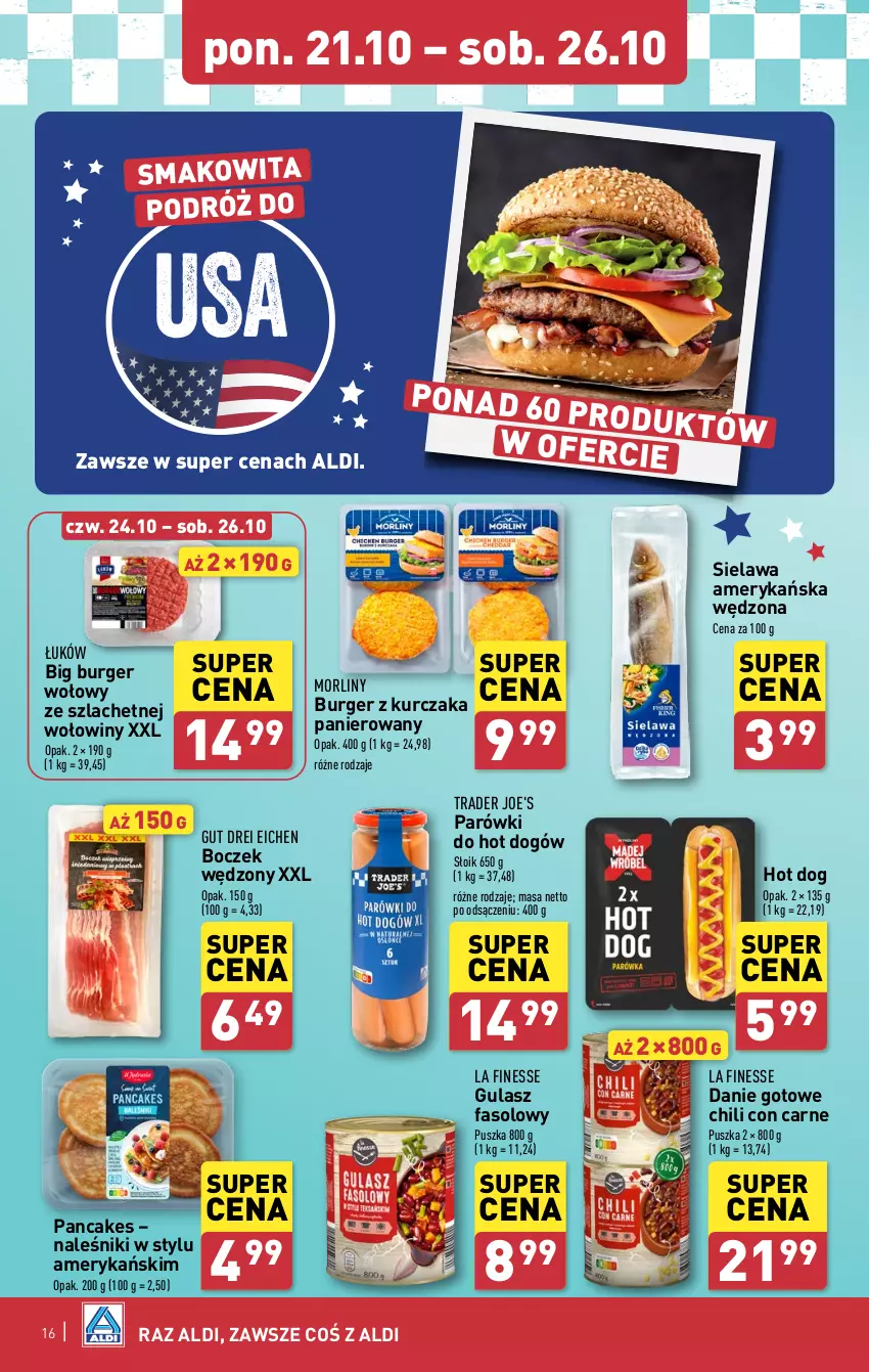 Gazetka promocyjna Aldi - Pełna oferta - ważna 21.10 do 26.10.2024 - strona 16 - produkty: Boczek, Burger, Danie gotowe, Fa, Hot dog, Kurczak, Morliny, Naleśniki, Parówki, Smakowita