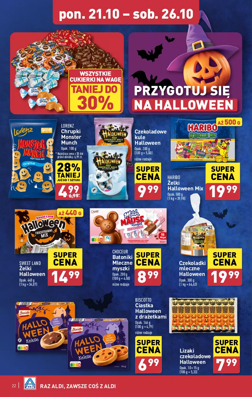 Gazetka promocyjna Aldi - Pełna oferta - ważna 21.10 do 26.10.2024 - strona 22 - produkty: Baton, Chrupki, Ciastka, Cukier, Cukierki, Haribo, Lizaki, Lizaki czekoladowe, Lorenz, Monster Munch, Mysz, Tonik