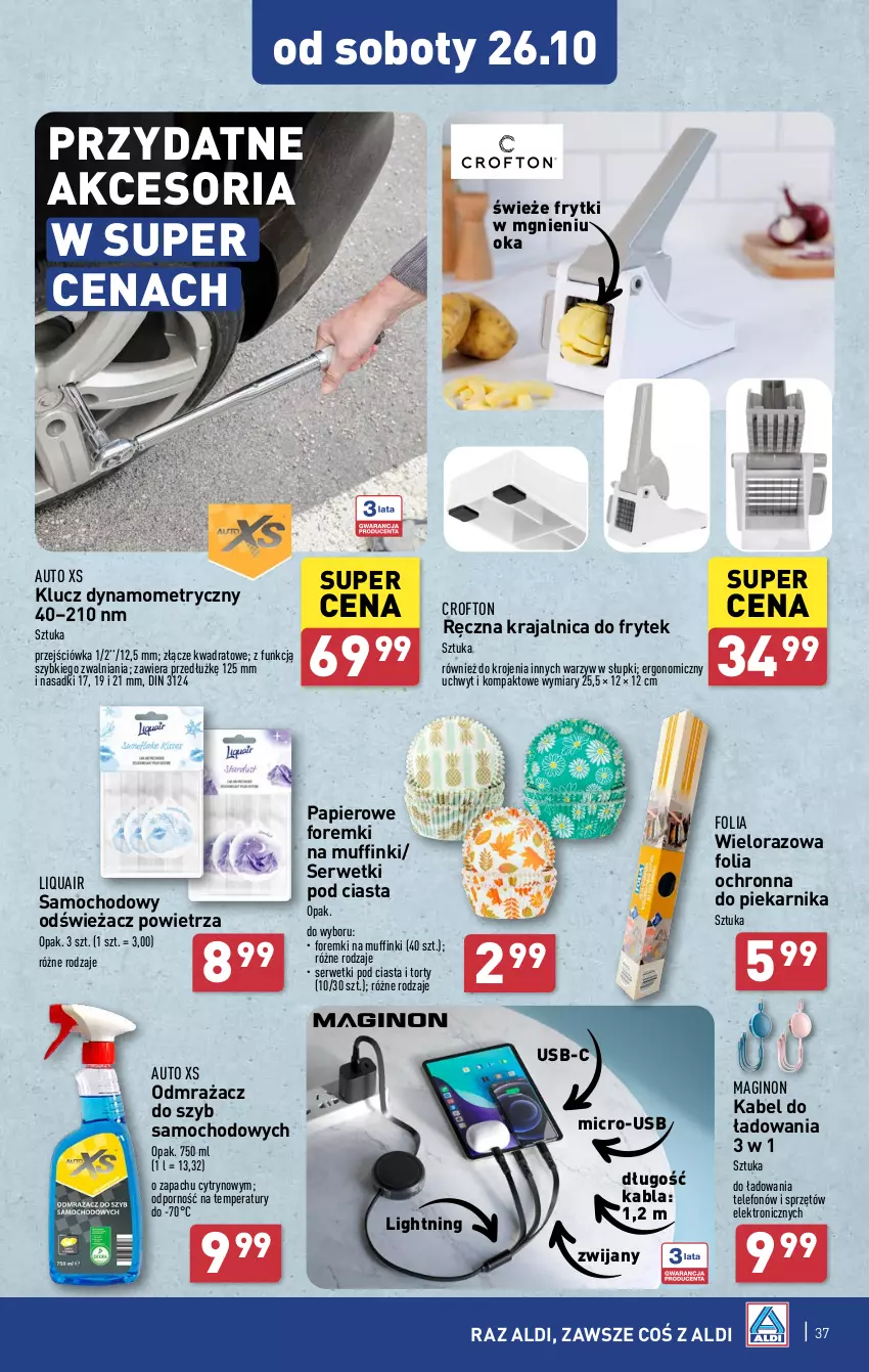 Gazetka promocyjna Aldi - Pełna oferta - ważna 21.10 do 26.10.2024 - strona 37 - produkty: Foremki, Frytki, Gin, Muffinki, Odmrażacz do szyb, Odświeżacz powietrza, Papier, Piekarnik, Por, Ser, Serwetki, Telefon