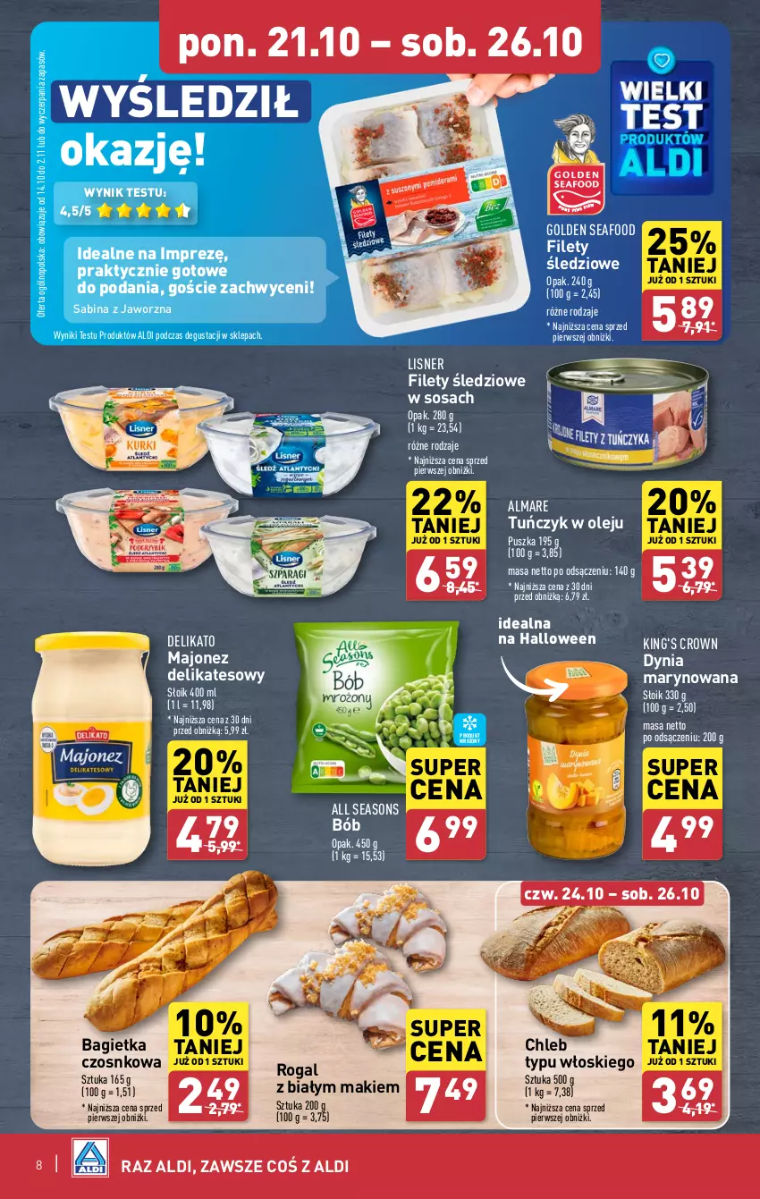 Gazetka promocyjna Aldi - Pełna oferta - ważna 21.10 do 26.10.2024 - strona 8 - produkty: All Seasons, Bagietka, Bagietka czosnkowa, Chleb, Chleb typu włoskiego, Golden Seafood, Lisner, Majonez, Olej, Rogal, Sos, Tuńczyk