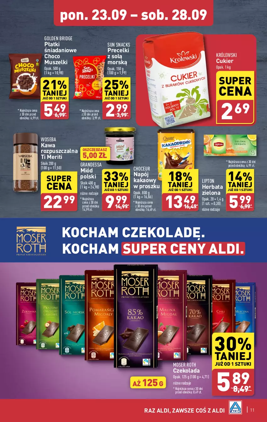 Gazetka promocyjna Aldi - Pełna oferta - ważna 23.09 do 28.09.2024 - strona 11 - produkty: Cukier, Czekolada, Danio, Gra, Herbata, Kakao, Kawa, Kawa rozpuszczalna, Koc, Królewski, Lipton, Miód, Moser Roth, Mus, Napój, Precelki, Ser, Woseba