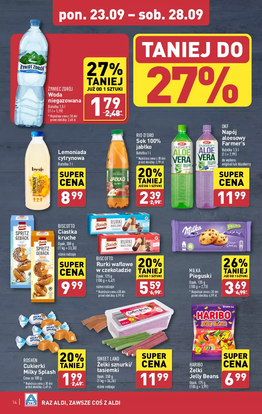 Gazetka promocyjna Aldi - Pełna oferta - ważna 23.09 do 28.09.2024 - strona 14 - produkty: Ciastka, Cukier, Cukierki, Fa, Gin, Haribo, Jelly beans, Lemoniada, Milka, Napój, Rurki, Sok, Woda, Woda niegazowana