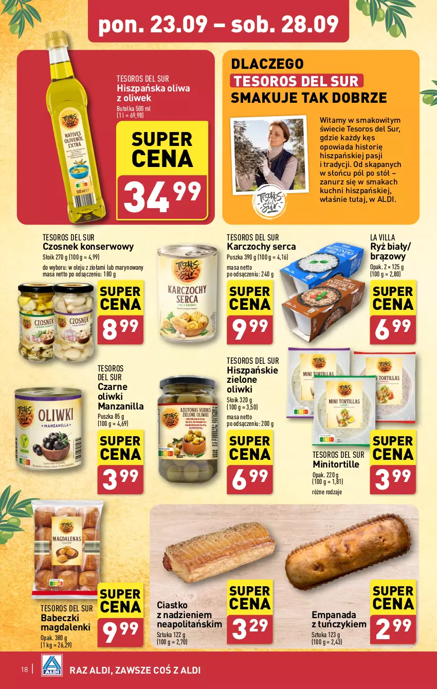 Gazetka promocyjna Aldi - Pełna oferta - ważna 23.09 do 28.09.2024 - strona 18 - produkty: Babeczki, Czosnek, Karczochy, Olej, Oliwa z oliwek, Oliwki, Ryż, Ryż biały, Ser, Stół, Tuńczyk