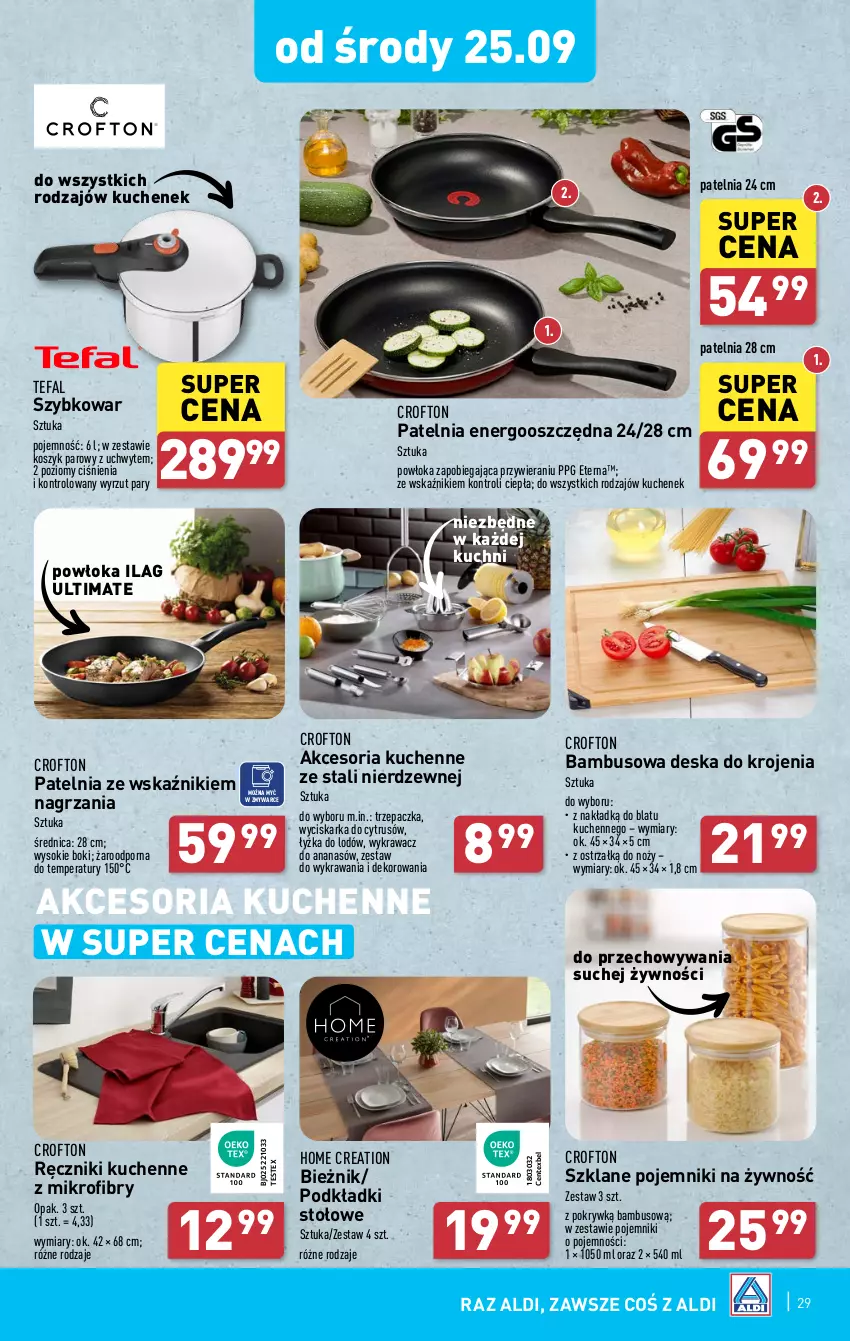 Gazetka promocyjna Aldi - Pełna oferta - ważna 23.09 do 28.09.2024 - strona 29 - produkty: Ananas, Bieżnik, Deska do krojenia, Fa, Kosz, Noż, Patelnia, Podkład, Pojemnik, Por, Ręcznik, Sok, Szybkowar, Tefal, Trzepaczka, Wyciskarka