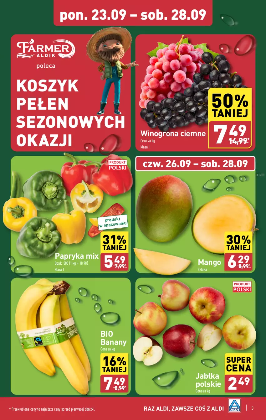 Gazetka promocyjna Aldi - Pełna oferta - ważna 23.09 do 28.09.2024 - strona 3 - produkty: Banany, Jabłka, Kosz, Mango, Papryka, Wino, Winogrona