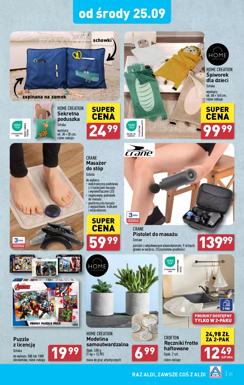 Gazetka promocyjna Aldi - Pełna oferta - ważna 23.09 do 28.09.2024 - strona 31 - produkty: Akumulator, Dzieci, Kret, Masażer, Outward, Pistolet, Piwo, Podnóżek, Poduszka, Puzzle, Ręcznik, Roller