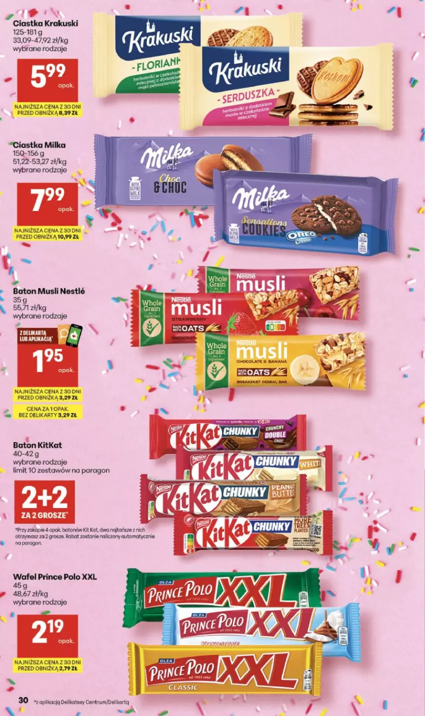 Gazetka promocyjna Delikatesy Centrum - Franczyza DC21 Czwartek - ważna 21.05 do 27.05.2026 - strona 30 - produkty: Baton, Ciastka, Fa, Gra, Kit Kat, Krakus, Krakuski, Milka, Mus, Prince Polo, Rum
