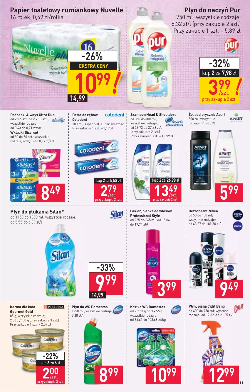 Gazetka promocyjna Stokrotka - Market - ważna 02.09 do 08.09.2021 - strona 11 - produkty: Always, Always Ultra, Cillit Bang, Dezodorant, Discreet, Domestos, Gourmet Gold, Lakier, Nivea, Papier, Papier toaletowy, Pasta do zębów, Pianka do włosów, Płyn do płukania, Płyn do wc, Podpaski, Pur, Rum, Silan, Szampon, Wkładki