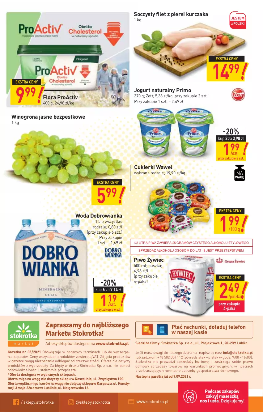 Gazetka promocyjna Stokrotka - Market - ważna 02.09 do 08.09.2021 - strona 12 - produkty: Cukier, Cukierki, Dobrowianka, Filet z piersi kurczaka, Flora, Gra, Jogurt, Jogurt naturalny, Karp, Kosz, Kurczak, O nas, Piwa, Piwo, Ser, Szal, Telefon, Wagi, Wawel, Wino, Winogrona, Woda, Zott