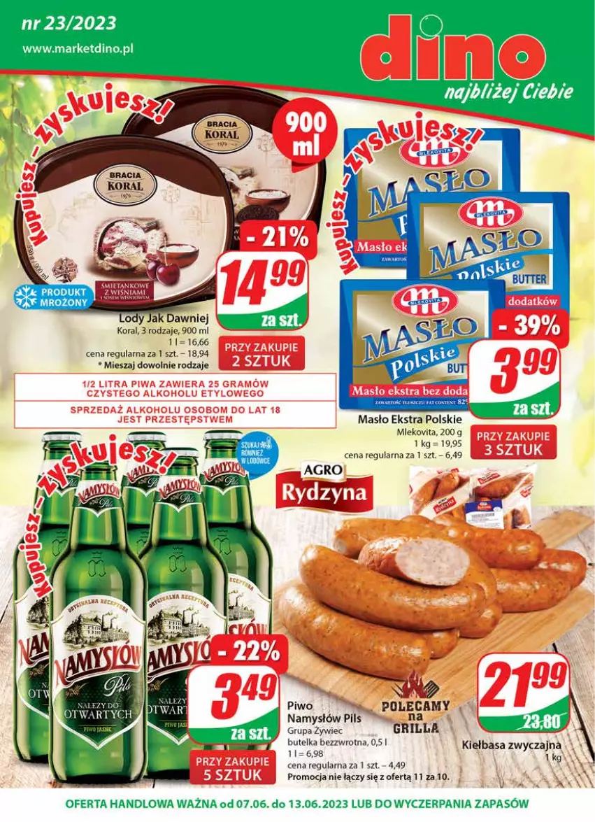 Gazetka promocyjna Dino - G23 - ważna 07.06 do 13.06.2023 - strona 1 - produkty: Grill, JBL, Kiełbasa, Masło, Mleko, Mlekovita, Namysłów, Piwo