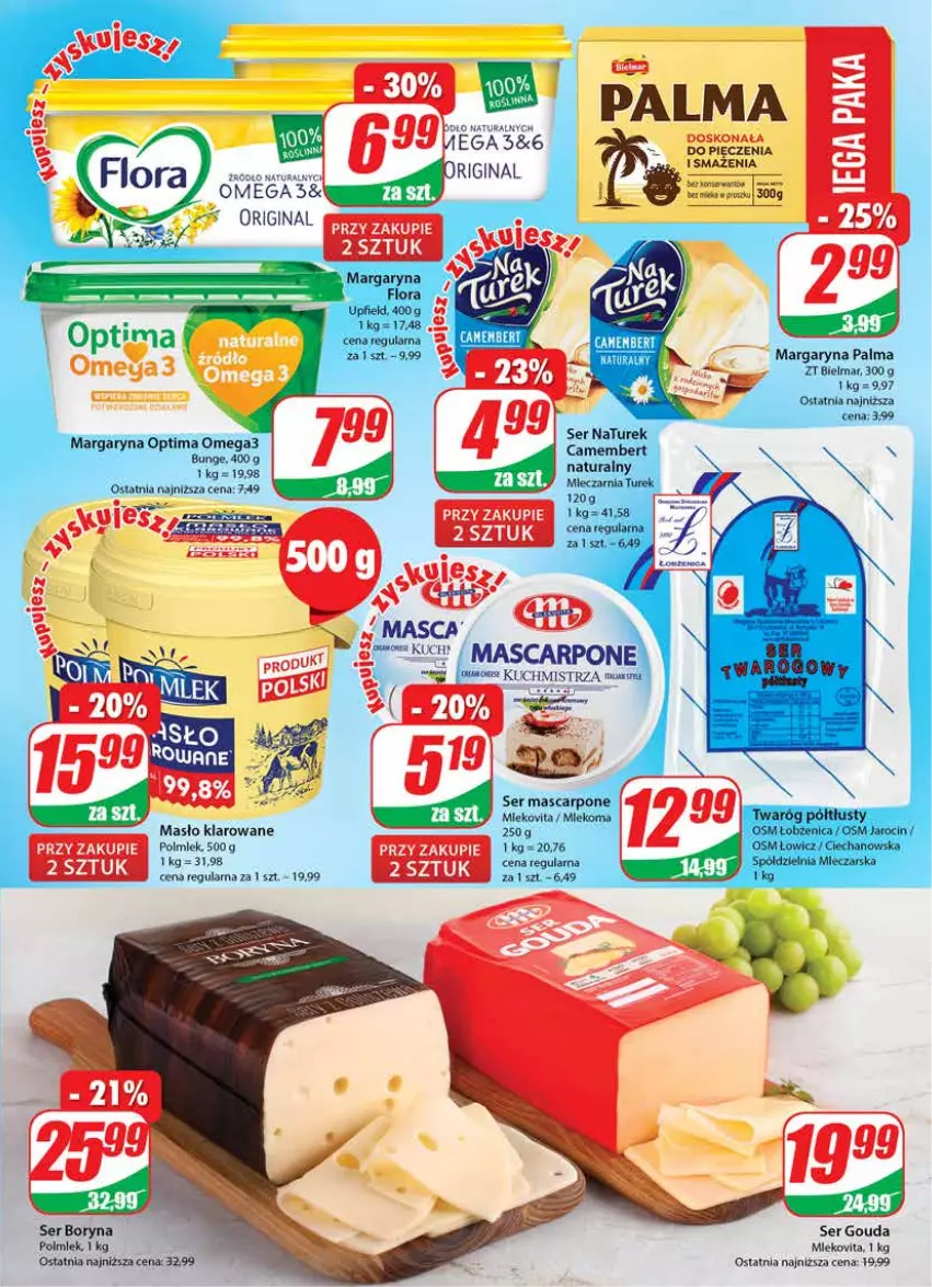 Gazetka promocyjna Dino - G23 - ważna 07.06 do 13.06.2023 - strona 15 - produkty: Camembert, Flora, Gin, Gouda, Margaryna, Mascarpone, Masło, Masło klarowane, Mleko, Mlekovita, NaTurek, Optima, Optima Omega3, Palma, Polmiek, POLMLEK, Ser, Twaróg, Twaróg półtłusty