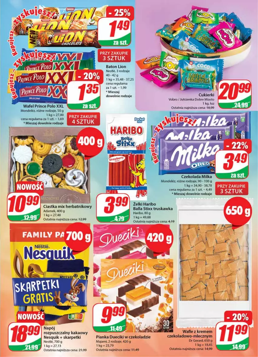 Gazetka promocyjna Dino - G23 - ważna 07.06 do 13.06.2023 - strona 3 - produkty: Baton, Ciastka, Cukier, Cukierki, Dr Gerard, Haribo, Jutrzenka, Kakao, Karp, Lion, Nesquik, Skarpetki, Wafle