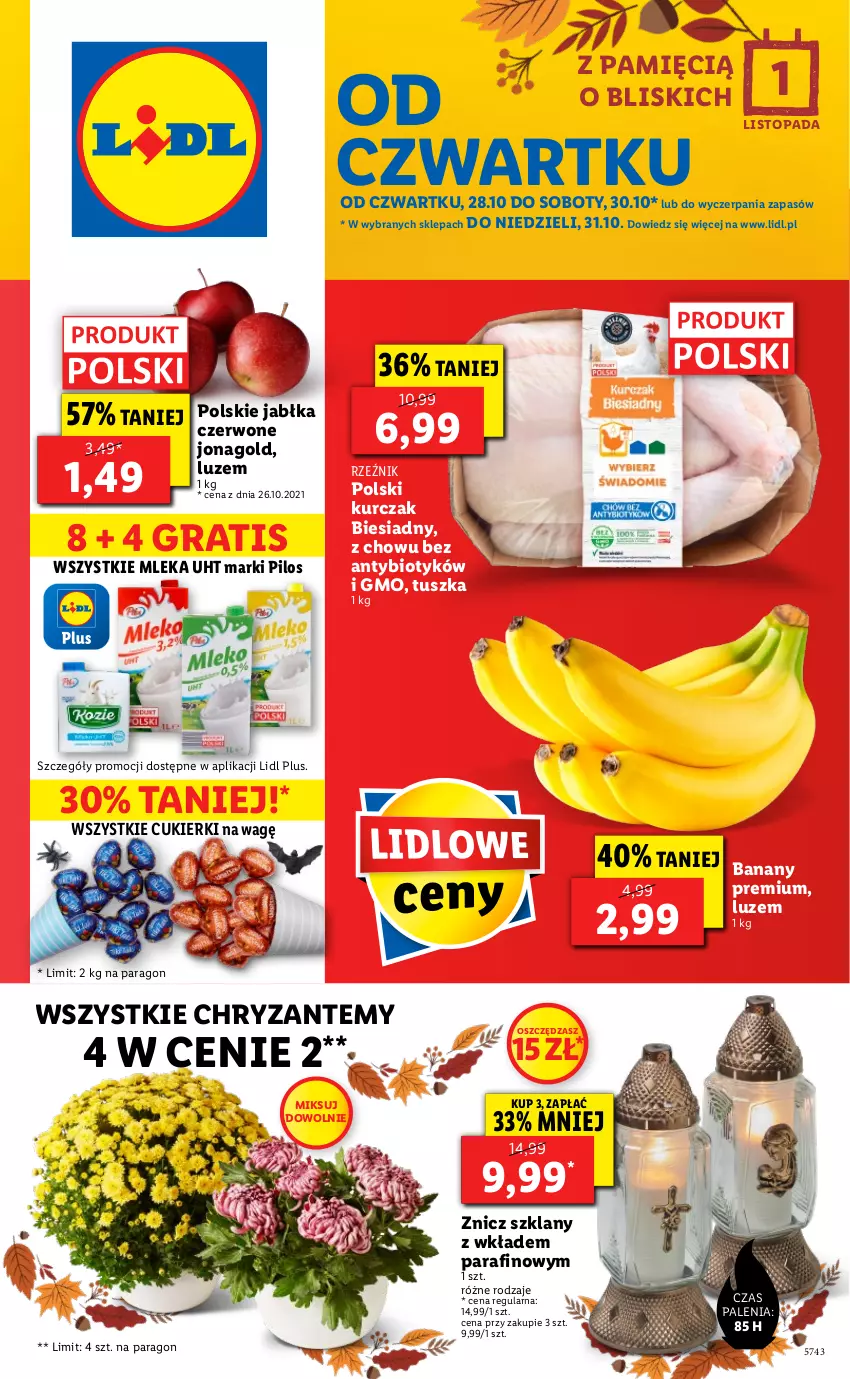 Gazetka promocyjna Lidl - GAZETKA - ważna 28.10 do 31.10.2021 - strona 1 - produkty: Banany, Cukier, Cukierki, Gra, Jabłka, Jonagold, Kurczak, Pilos, Top, Tusz, Znicz