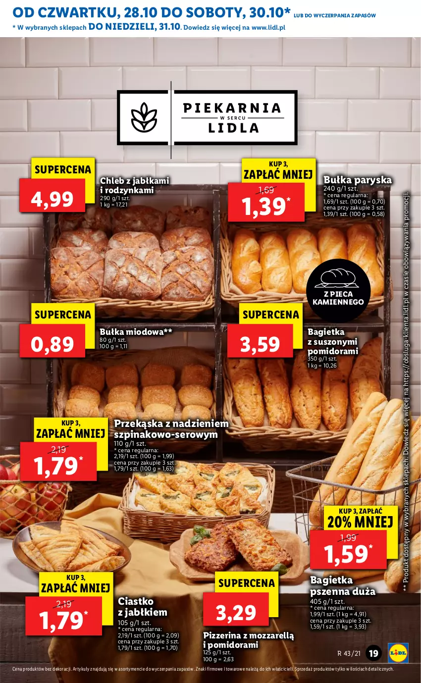 Gazetka promocyjna Lidl - GAZETKA - ważna 28.10 do 31.10.2021 - strona 19 - produkty: Bagietka, Bagietka pszenna, Bułka, Chleb, Jabłka, Piec, Pizzerina, Ser, Szpinak