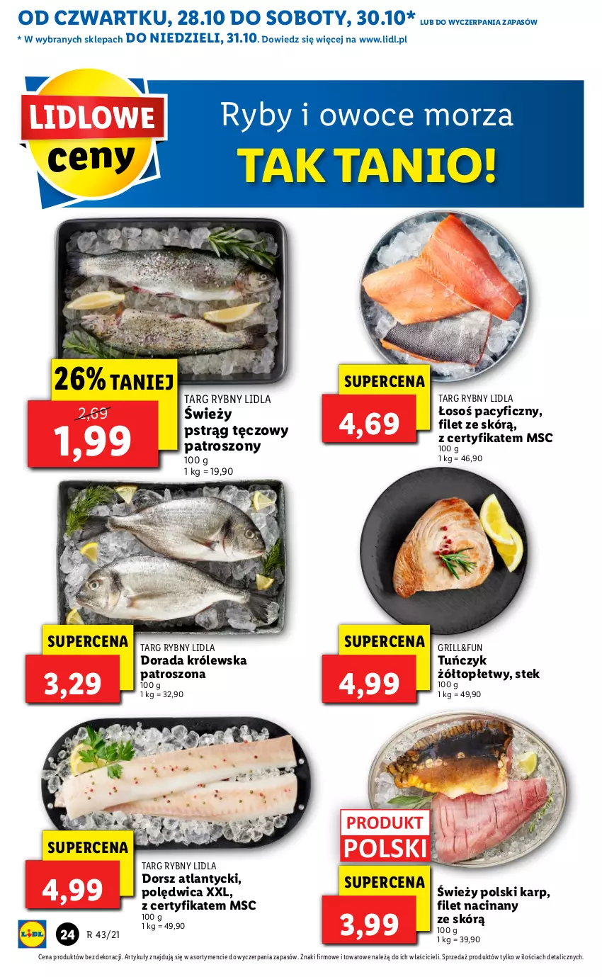 Gazetka promocyjna Lidl - GAZETKA - ważna 28.10 do 31.10.2021 - strona 24 - produkty: Dorsz, Grill, Karp, Owoce, Owoce morza, Polędwica, Pstrąg, Pstrąg tęczowy, Ryby i owoce morza, Stek, Top, Tuńczyk