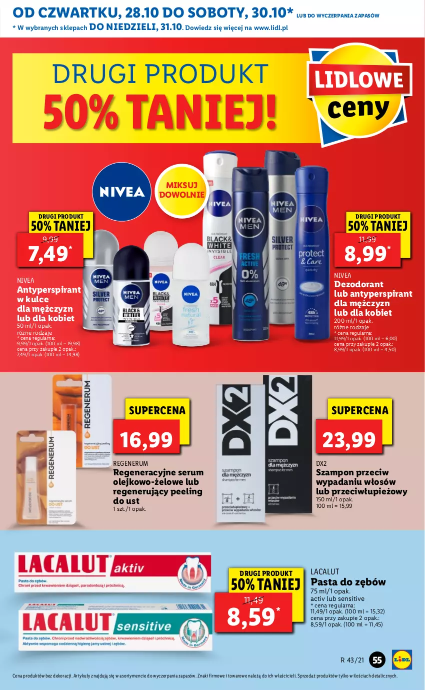 Gazetka promocyjna Lidl - GAZETKA - ważna 28.10 do 31.10.2021 - strona 55 - produkty: Antyperspirant, Dezodorant, DX2, Lacalut, Nivea, Olej, Pasta do zębów, Peeling, Rum, Ser, Serum, Szampon