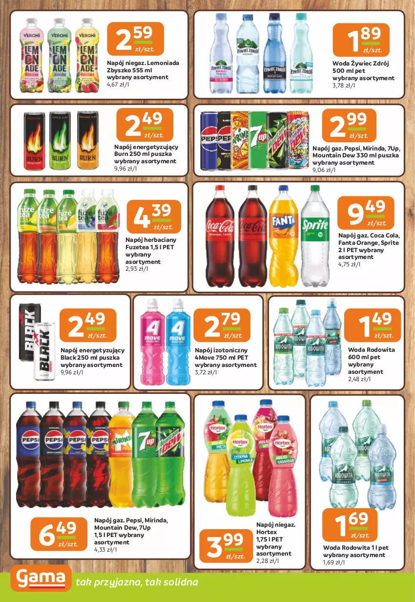 Gazetka promocyjna Gama - Gazetka Gama - ważna 04.09 do 16.09.2025 - strona 10 - produkty: 7up, Fa, Fanta, Hortex, Lack, Lemoniada, Mirinda, Napój, Napój izotoniczny, Pepsi, Sprite, Woda