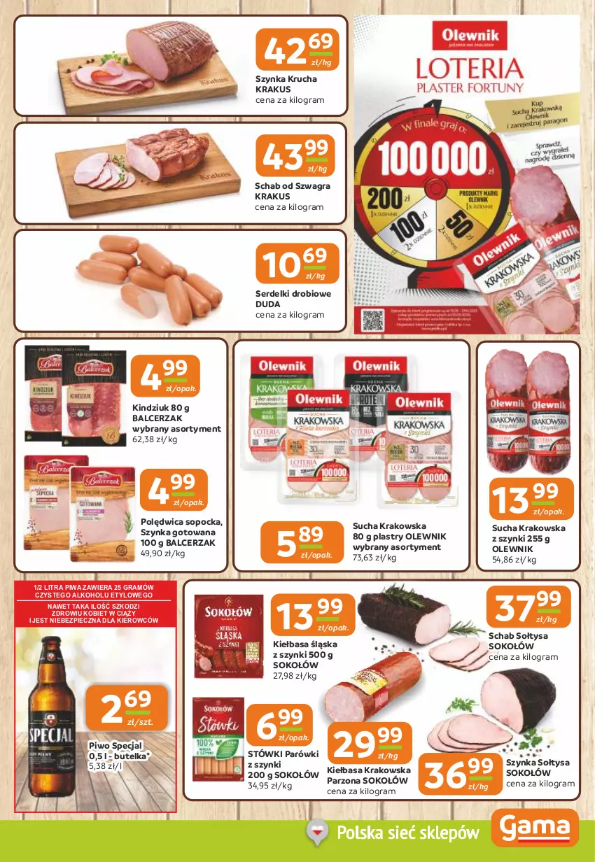 Gazetka promocyjna Gama - Gazetka Gama - ważna 04.09 do 16.09.2025 - strona 3 - produkty: Duda, Gra, Kiełbasa, Kiełbasa krakowska, Kiełbasa śląska, Kindziuk, Krakus, Olewnik, Parówki, Piec, Piwa, Piwo, Polędwica, Ser, Serdelki, Sok, Sokołów, Szynka