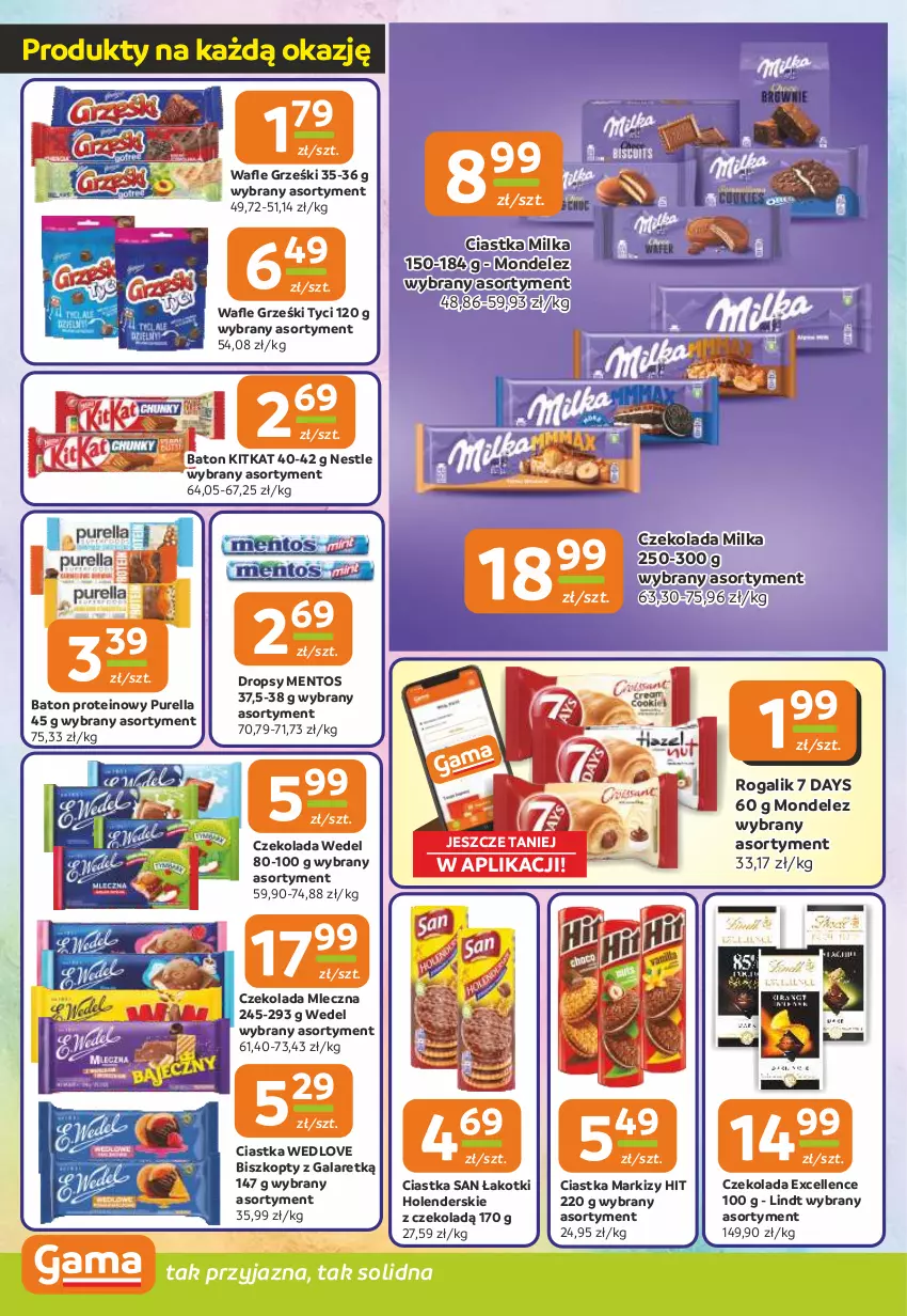 Gazetka promocyjna Gama - Gazetka Gama - ważna 04.09 do 16.09.2025 - strona 4 - produkty: 7 Days, Baton, Biszkopty, Ciastka, Czekolada, Czekolada mleczna, Gala, Grześki, Lindt, Mentos, Milka, Pur, Rogal